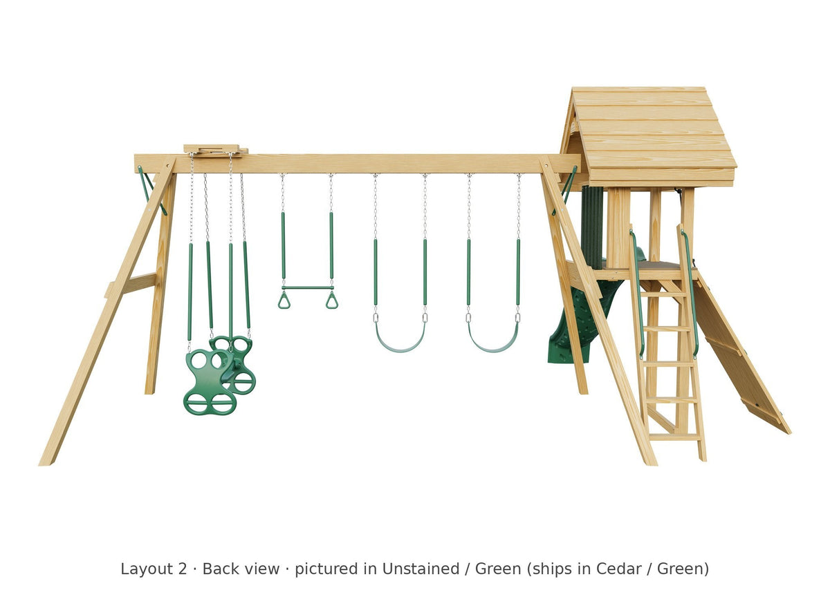 Amish Ranger Wooden Swing Set & Playset Kit – Layout 2, back view (shown in Unstained with Green accents)
