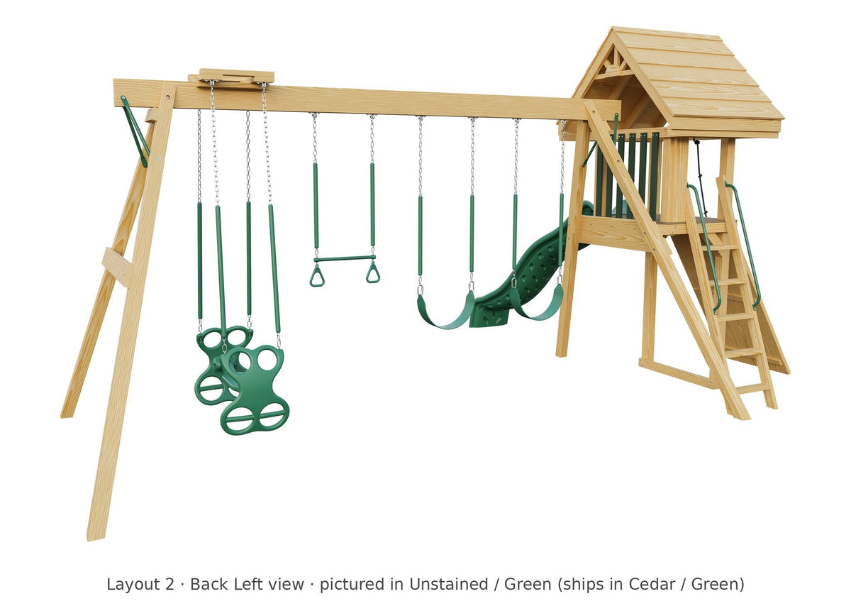 Amish Ranger Wooden Swing Set & Playset Kit – Layout 2, back left view (shown in Unstained with Green accents)