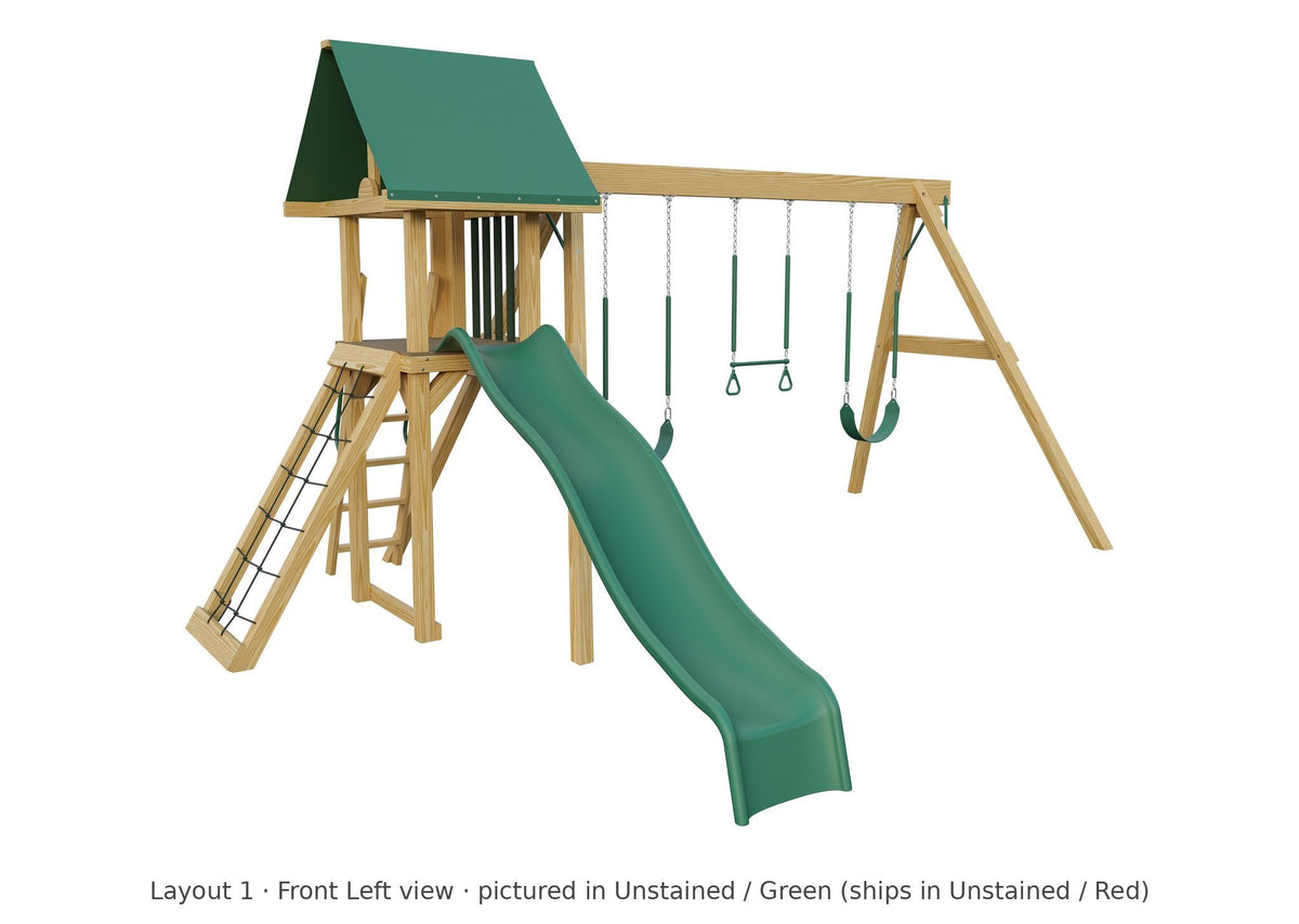 Amish Ranger Wooden Swing Set & Playset Kit – Layout 1, front left view (shown in Unstained with Green accents)