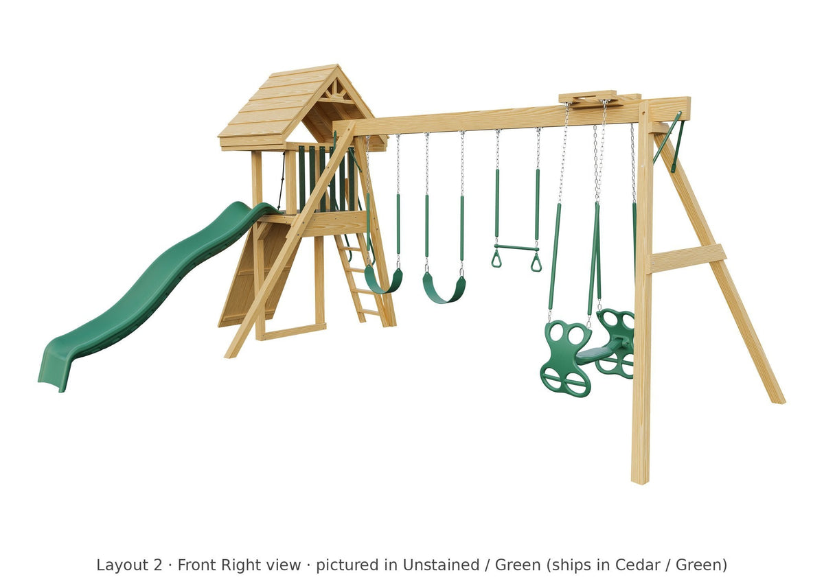 Amish Ranger Wooden Swing Set & Playset Kit – Layout 2, front right view (shown in Unstained with Green accents)
