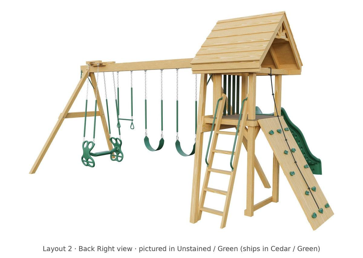 Amish Ranger Wooden Swing Set & Playset Kit – Layout 2, back right view (shown in Unstained with Green accents)