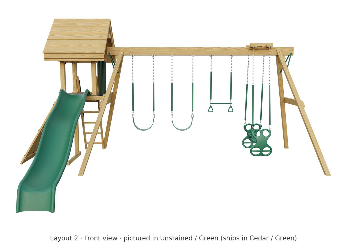 Amish Ranger Wooden Swing Set & Playset Kit – Layout 2, front view (shown in Unstained with Green accents)