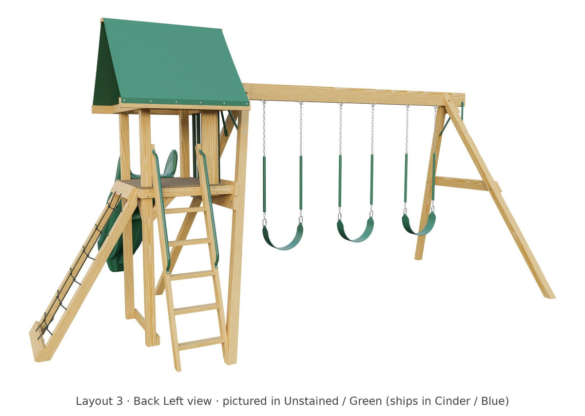 Amish Ranger Wooden Swing Set & Playset Kit – Layout 3, back left view (shown in Unstained with Green accents)