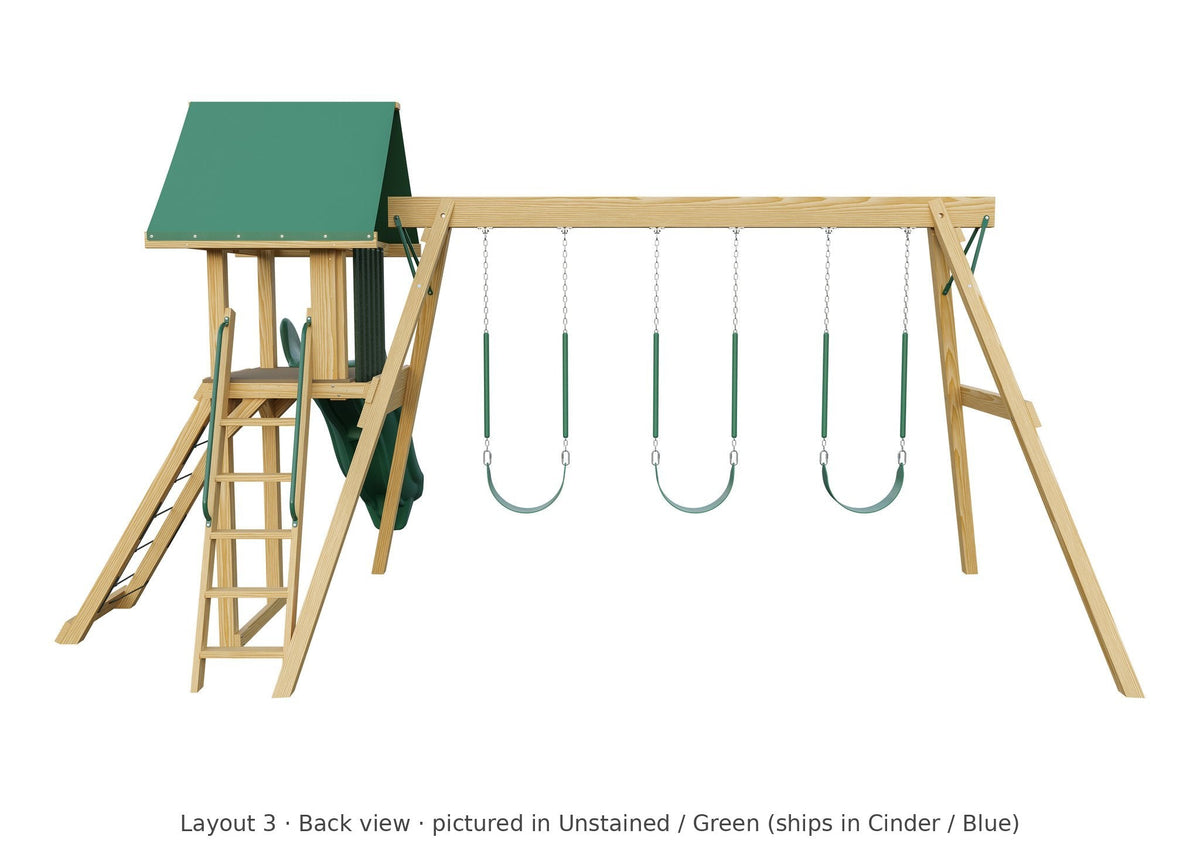 Amish Ranger Wooden Swing Set & Playset Kit – Layout 3, back view (shown in Unstained with Green accents)