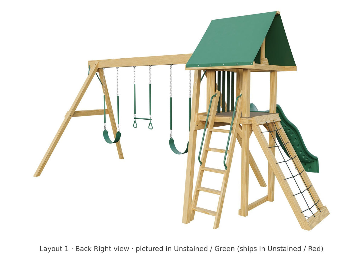 Amish Ranger Wooden Swing Set & Playset Kit – Layout 1, back right view (shown in Unstained with Green accents)