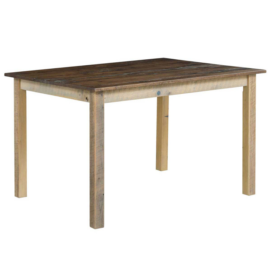 Reclaimed wood farmhouse table with a multi tone weathered top and light natural square legs