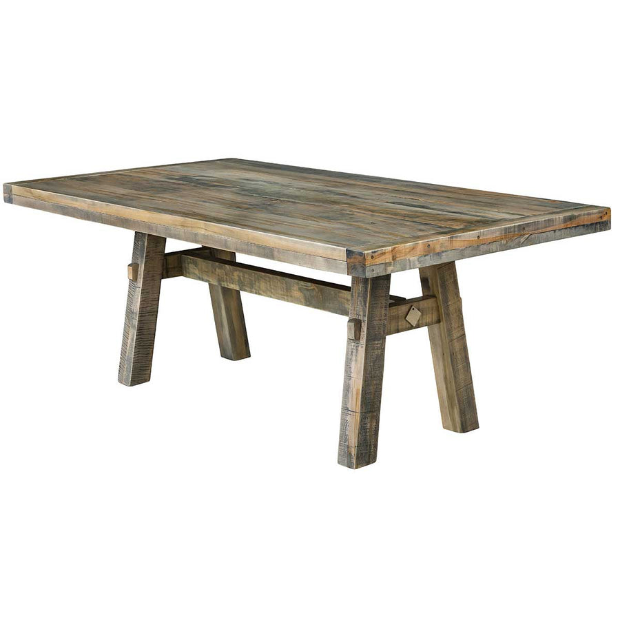 Reclaimed wood trestle dining table in a gray green weathered finish with A frame legs and peg accents