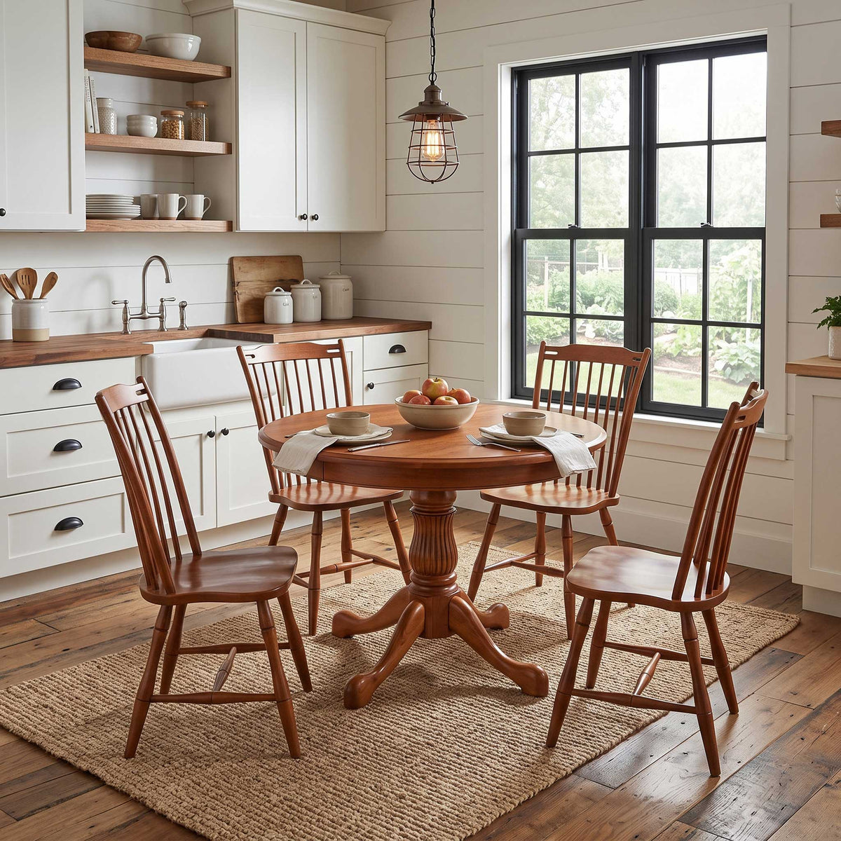 A round wooden pedestal dining table surrounded by four matching spindle-back chairs in a bright, modern farmhouse kitchen with white cabinets, a large black-framed window, and a woven jute rug.