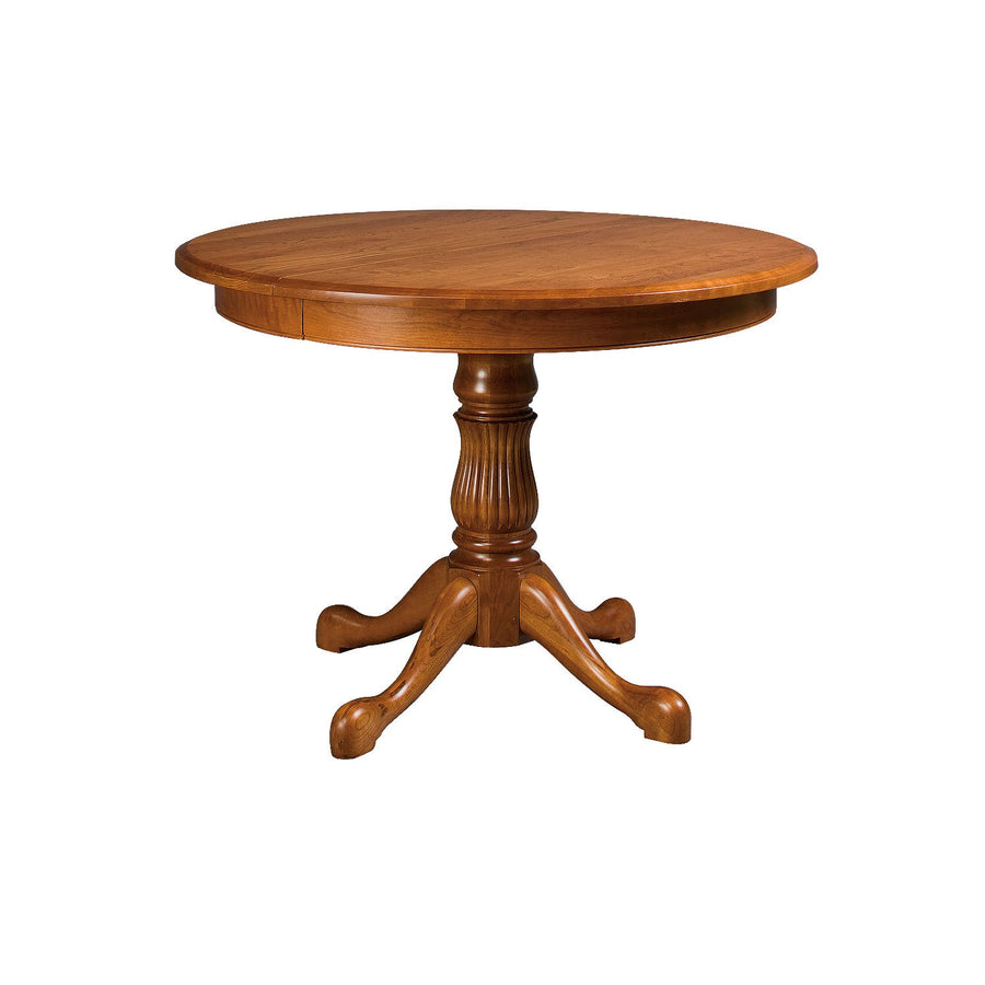 Amish Reeded Round Single Pedestal Expandable Dining Table in brown color with a smooth finish and a visible wood grain pattern.