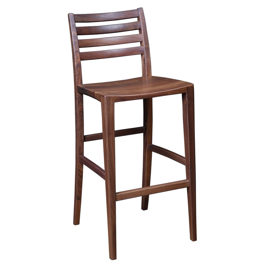 Tall bar height walnut stool with a slatted back, saddle seat and slender splayed legs with foot rails