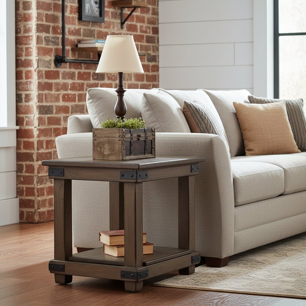 Rustic weathered brown end table with plank top, black iron corner straps and a lower shelf, styled beside a linen sofa