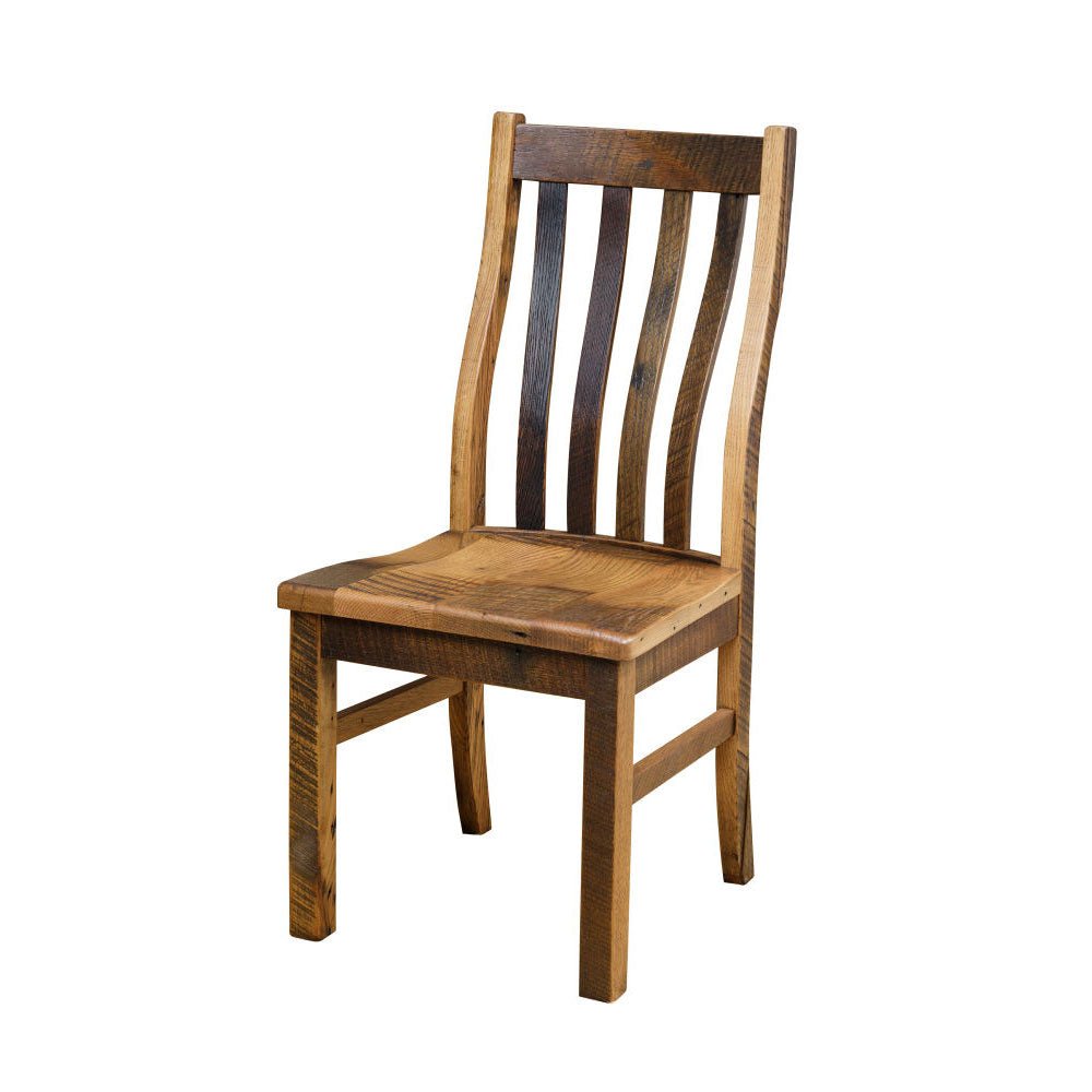 Rustic reclaimed oak dining chair with three curved vertical back slats, contoured plank seat and square legs on a white background