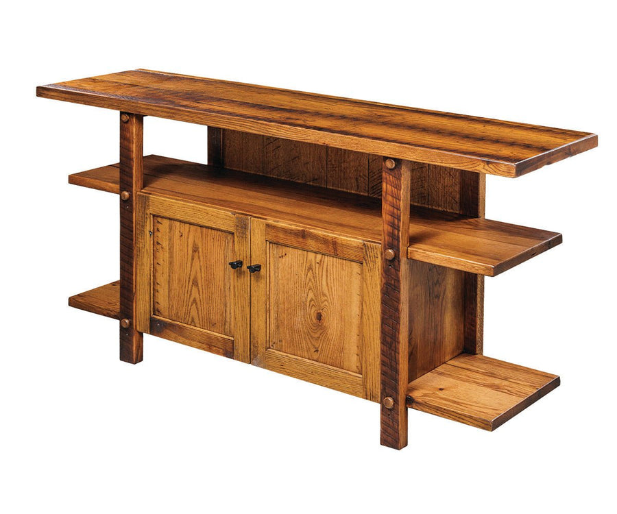 Rustic timber TV stand with cantilevered open side shelves, two center cabinet doors and visible peg joinery on white