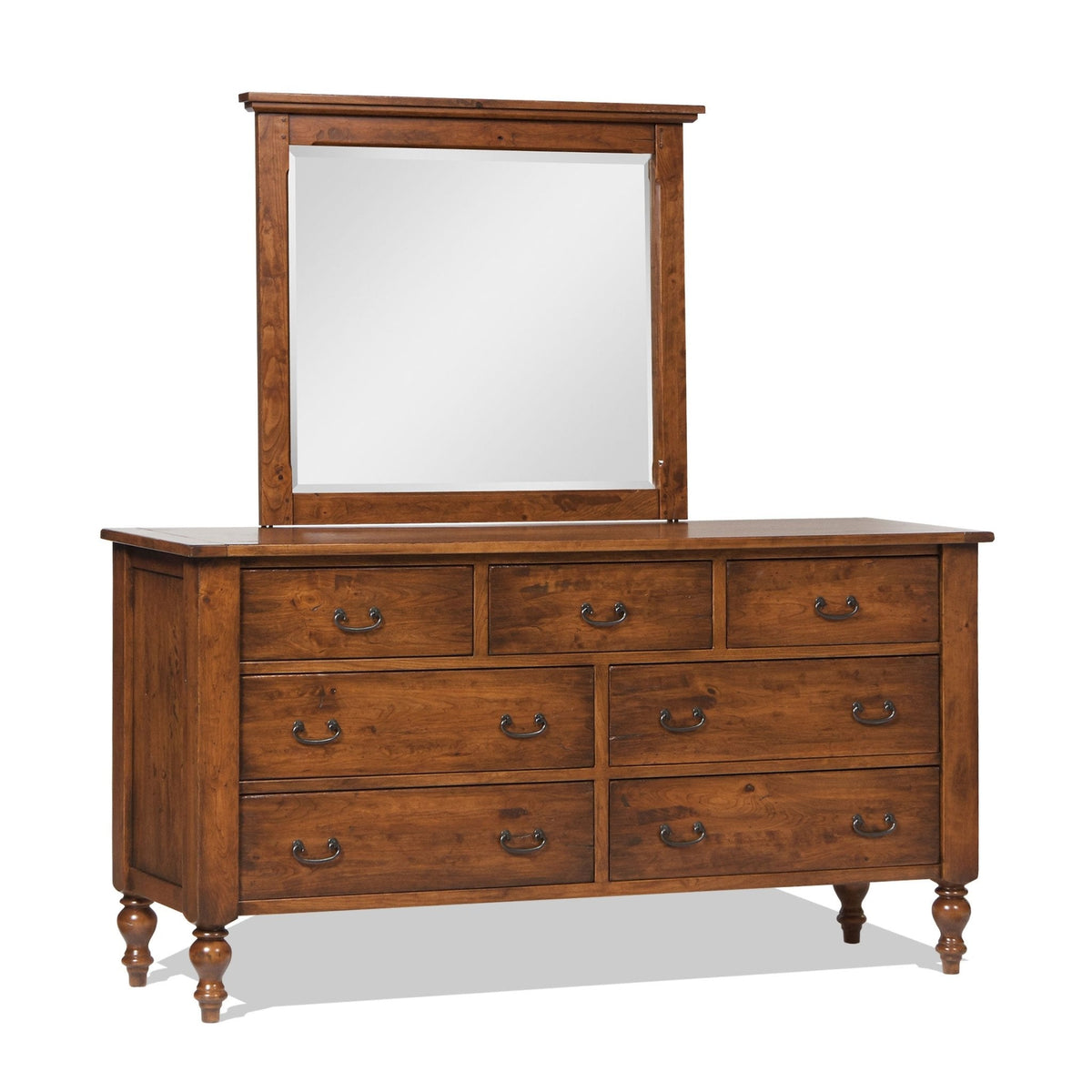 Telluride mirror on a seven-drawer rustic cherry dresser with turned bun feet