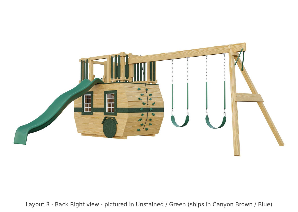 Amish Scout Camper Wooden Swing Set & Playset Kit – Layout 3, back right view (shown in Unstained with Green accents)