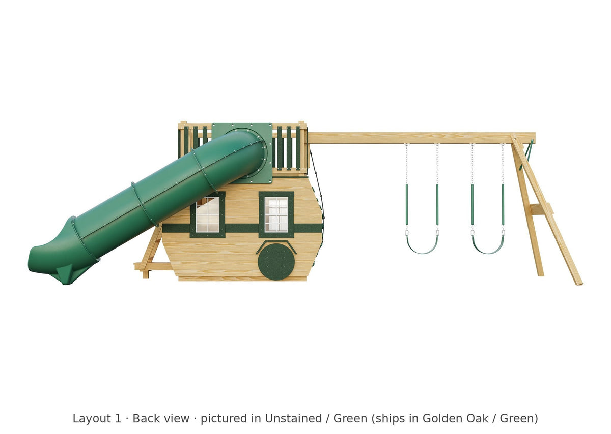 Amish Scout Camper Wooden Swing Set & Playset Kit – Layout 1, back view (shown in Unstained with Green accents)