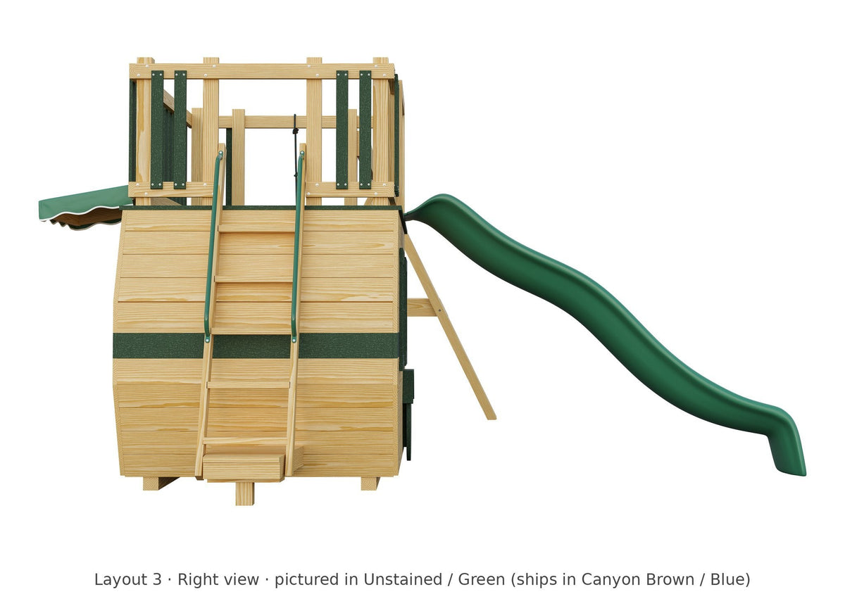 Amish Scout Camper Wooden Swing Set & Playset Kit – Layout 3, right view (shown in Unstained with Green accents)