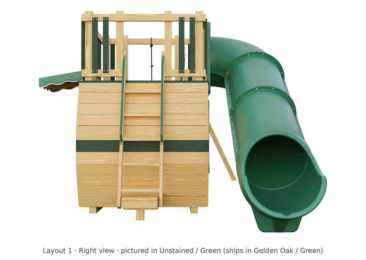 Amish Scout Camper Wooden Swing Set & Playset Kit – Layout 1, right view (shown in Unstained with Green accents)