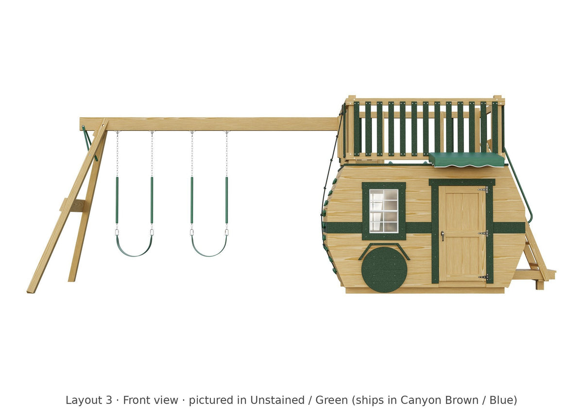 Amish Scout Camper Wooden Swing Set & Playset Kit – Layout 3, front view (shown in Unstained with Green accents)
