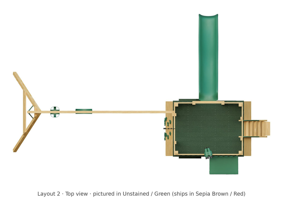 Amish Scout Camper Wooden Swing Set & Playset Kit – Layout 2, top view (shown in Unstained with Green accents)