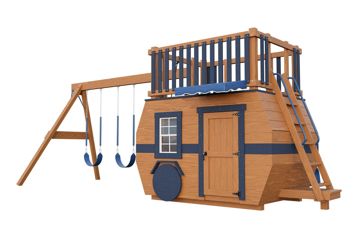 Amish Scout Camper Wooden Swing Set & Playset Kit – Layout 3, Canyon Brown with Blue accents