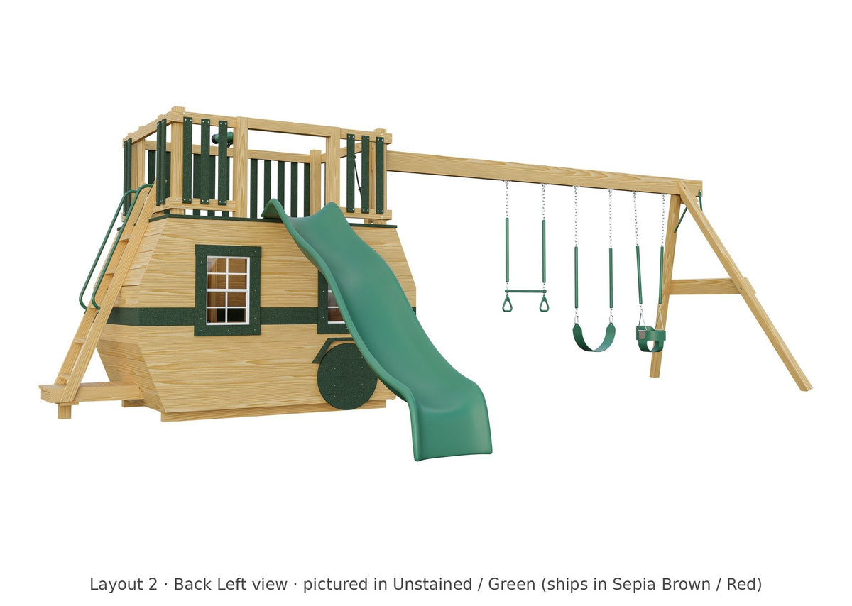 Amish Scout Camper Wooden Swing Set & Playset Kit – Layout 2, back left view (shown in Unstained with Green accents)