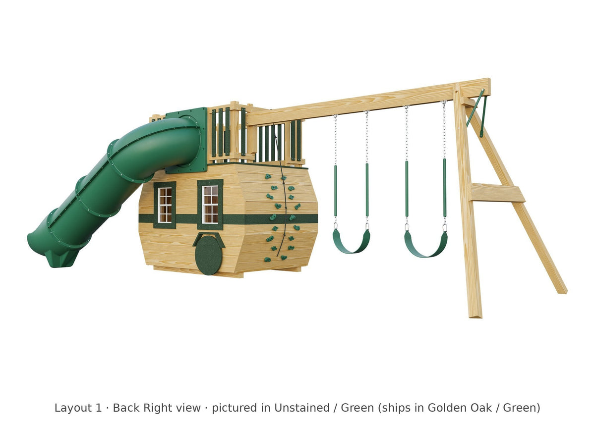 Amish Scout Camper Wooden Swing Set & Playset Kit – Layout 1, back right view (shown in Unstained with Green accents)