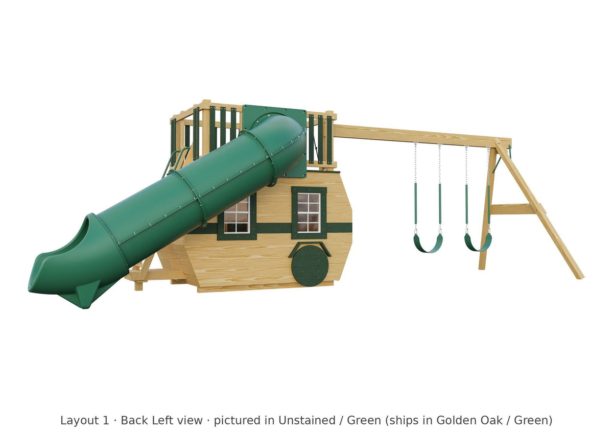Amish Scout Camper Wooden Swing Set & Playset Kit – Layout 1, back left view (shown in Unstained with Green accents)