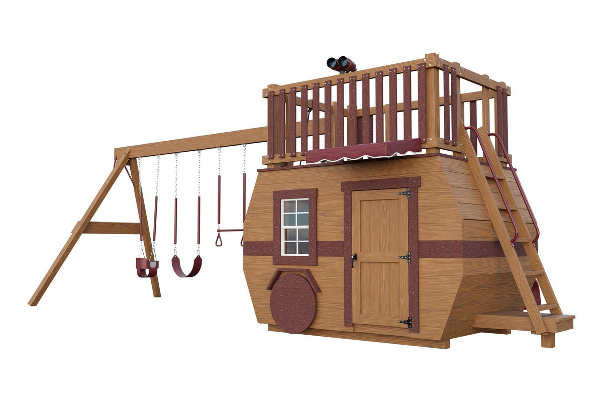 Amish Scout Camper Wooden Swing Set & Playset Kit – Layout 2, Sepia Brown with Red accents