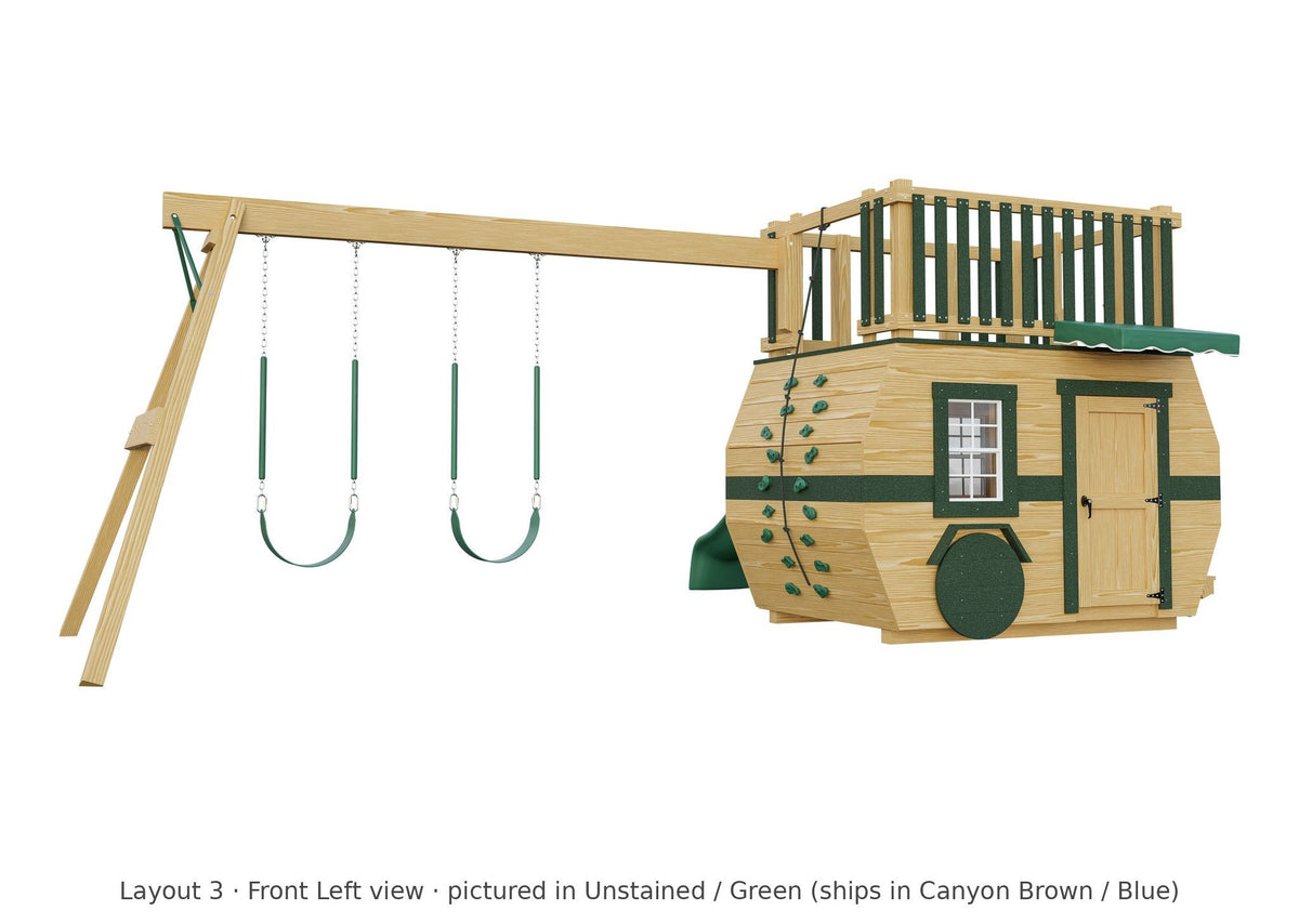 Amish Scout Camper Wooden Swing Set & Playset Kit – Layout 3, front left view (shown in Unstained with Green accents)