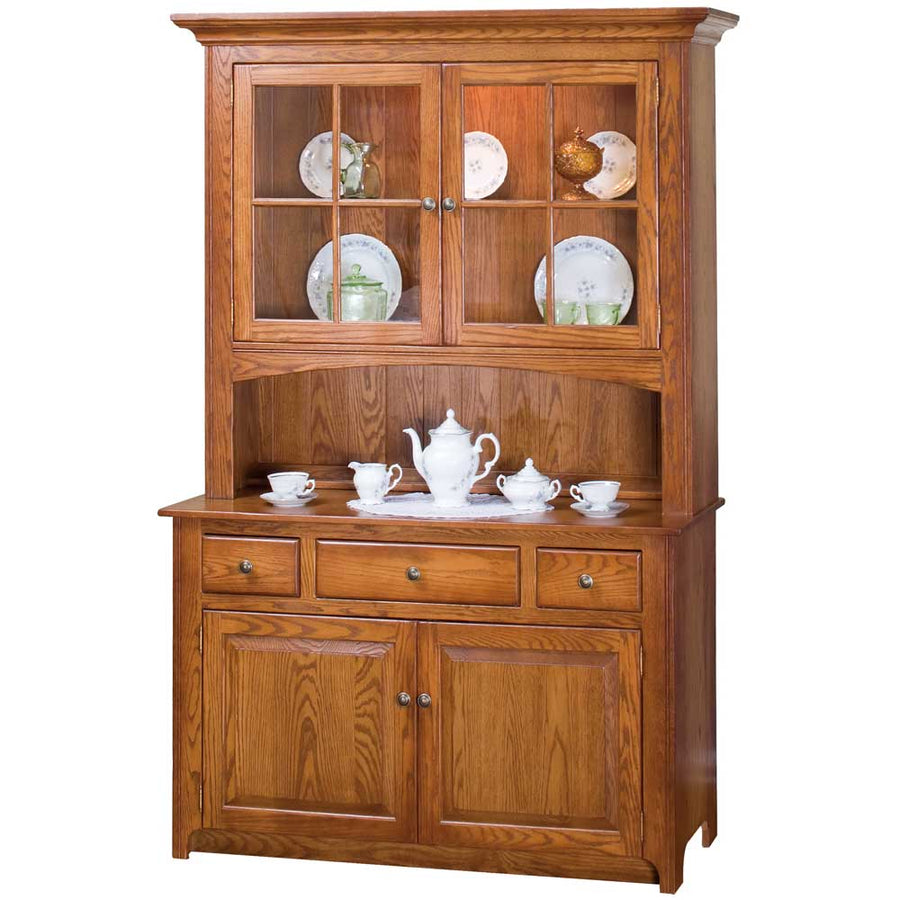 Large oak Shaker china cabinet with two mullion glass doors, open serving shelf, three drawers and two panel base doors
