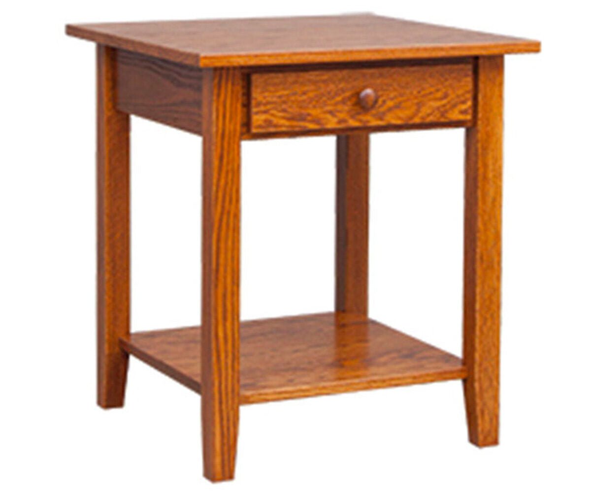 Oak Shaker end table with a single drawer, round wood knob, lower display shelf and tapered square legs