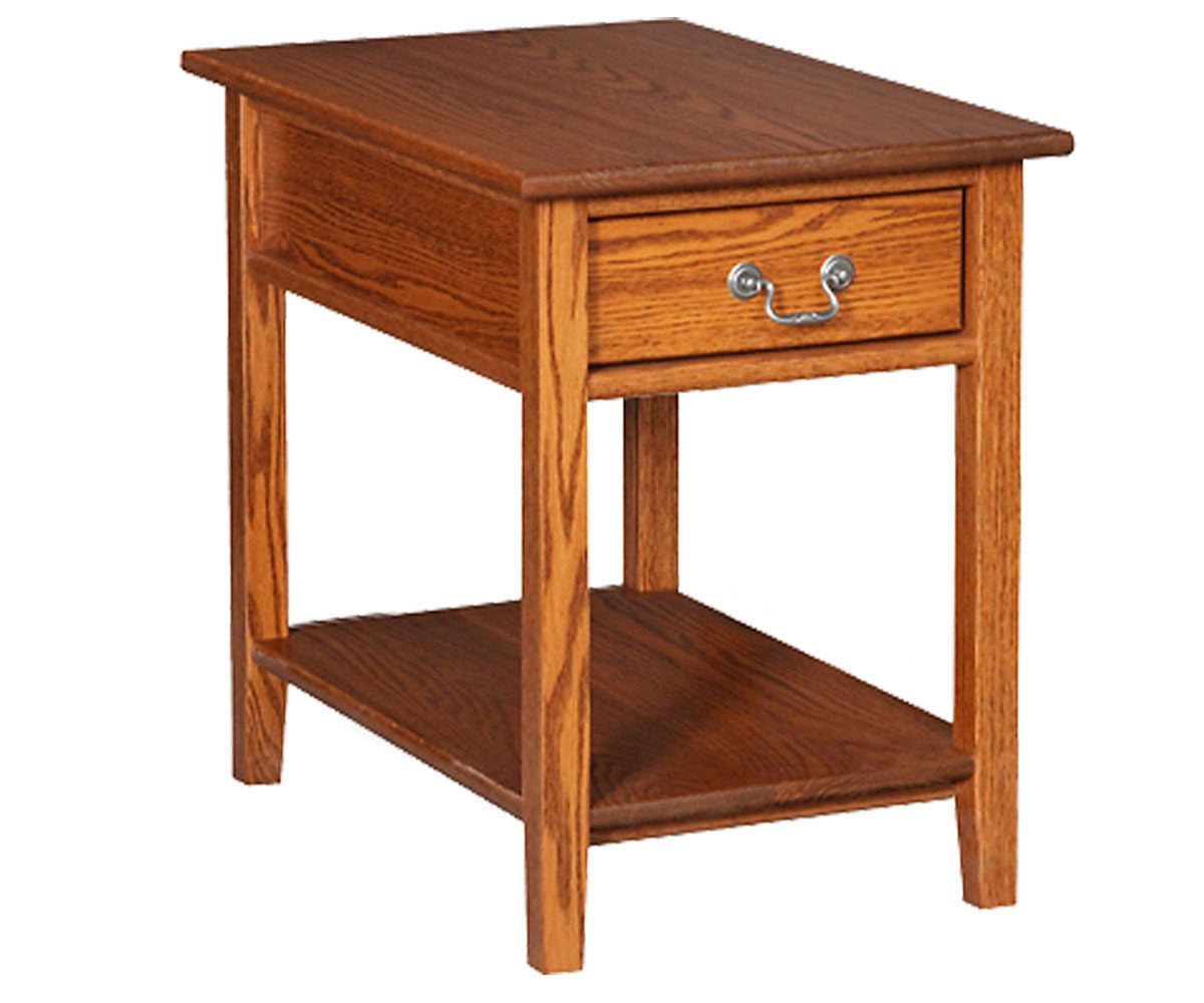 Wooden side table with a drawer on a white background