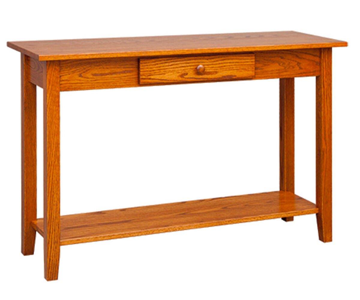 Oak Shaker sofa table with a single drawer, wood knob, lower shelf and square tapered legs on a white background