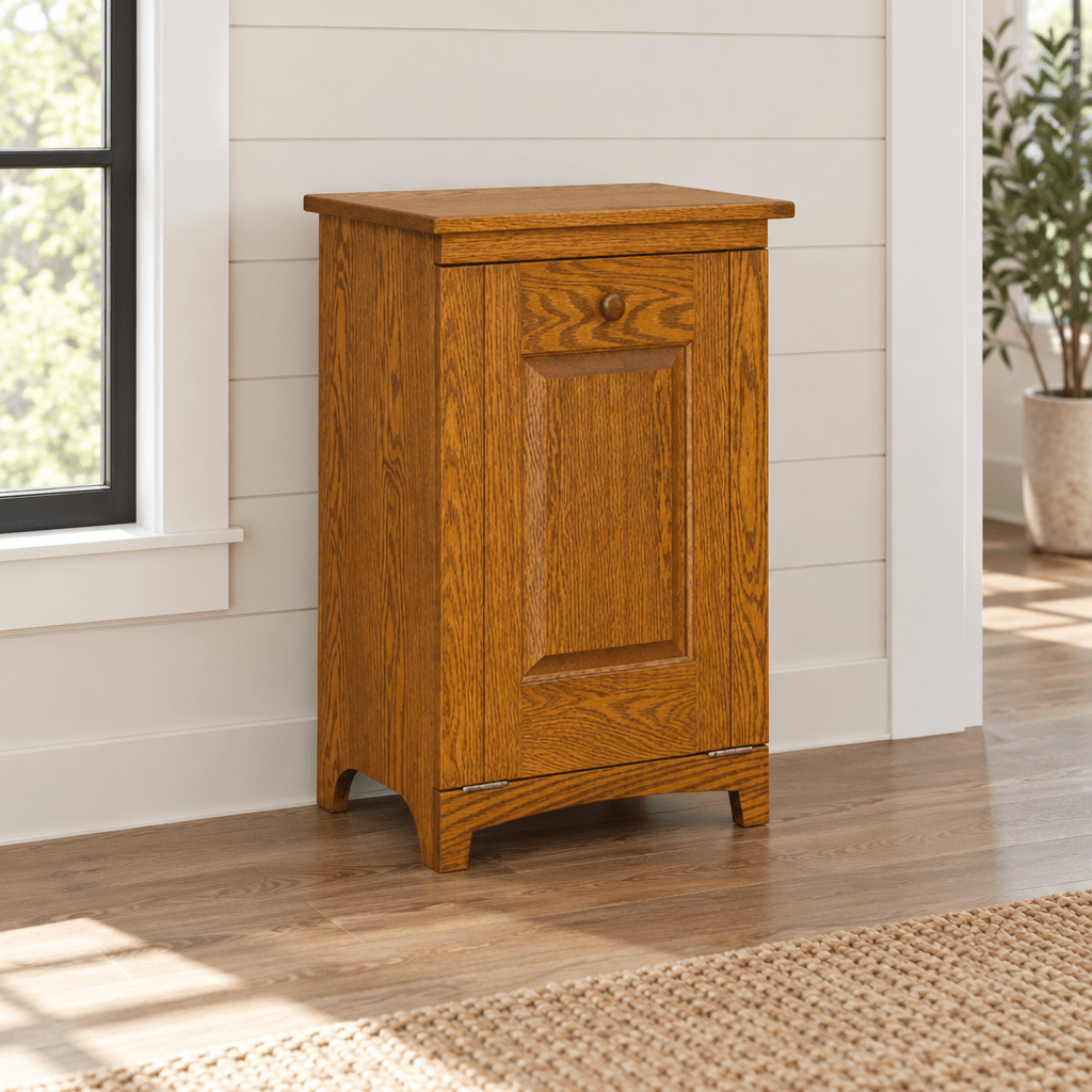 Amish Shaker Trash Bin shown in the living room of a modern farmhouse home