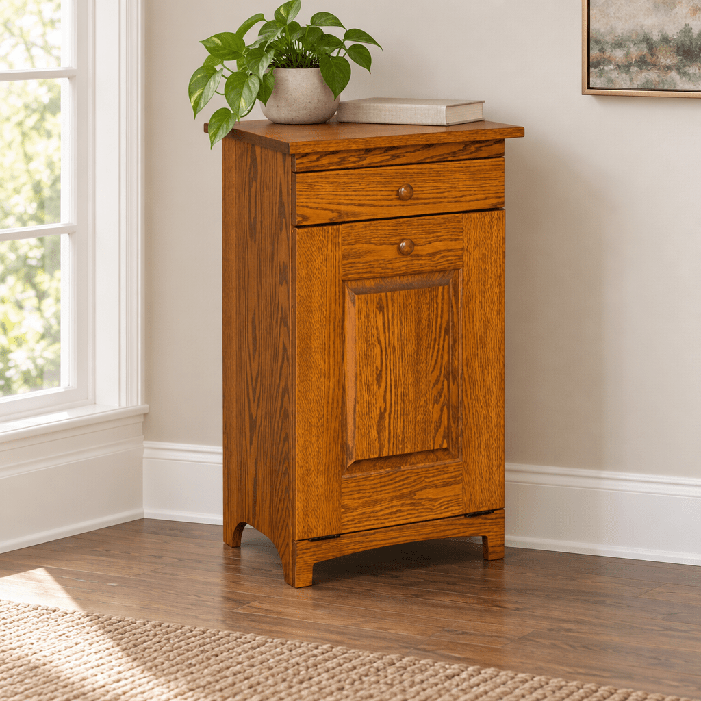 Amish Shaker Trash Bin with Drawer shown in the living room of a transitional home