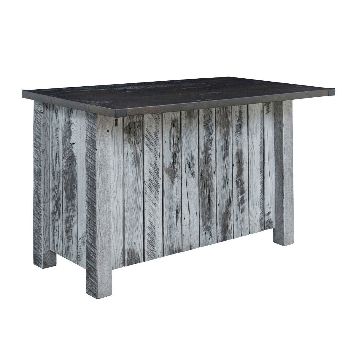 Rear plank panel of a gray barnwood kitchen island with a charcoal plank top and heavy square corner legs