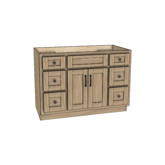 Rendering of a 48 inch bathroom vanity with six drawers flanking two center doors, black knobs and pulls