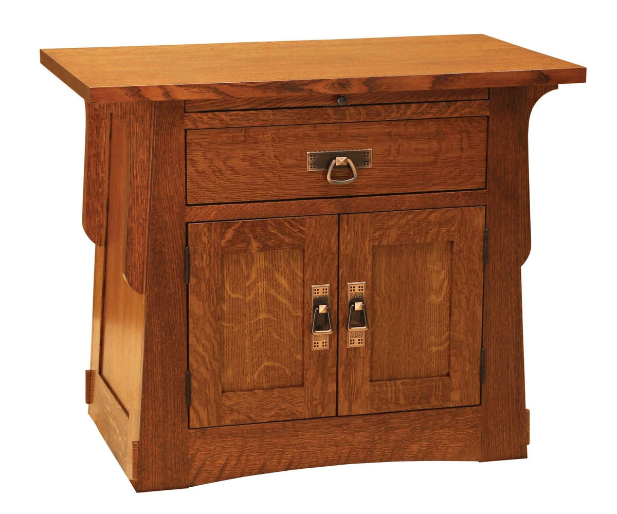 Quartersawn oak nightstand with a pullout tray, one drawer and two paneled doors with copper ring pulls