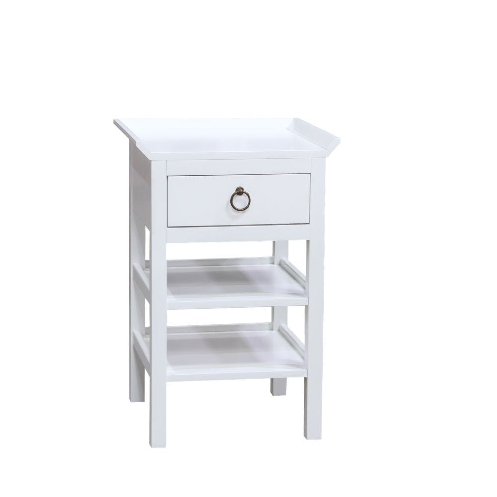White painted open nightstand with one ring-pull drawer, two lower shelves, gallery top edge and square legs