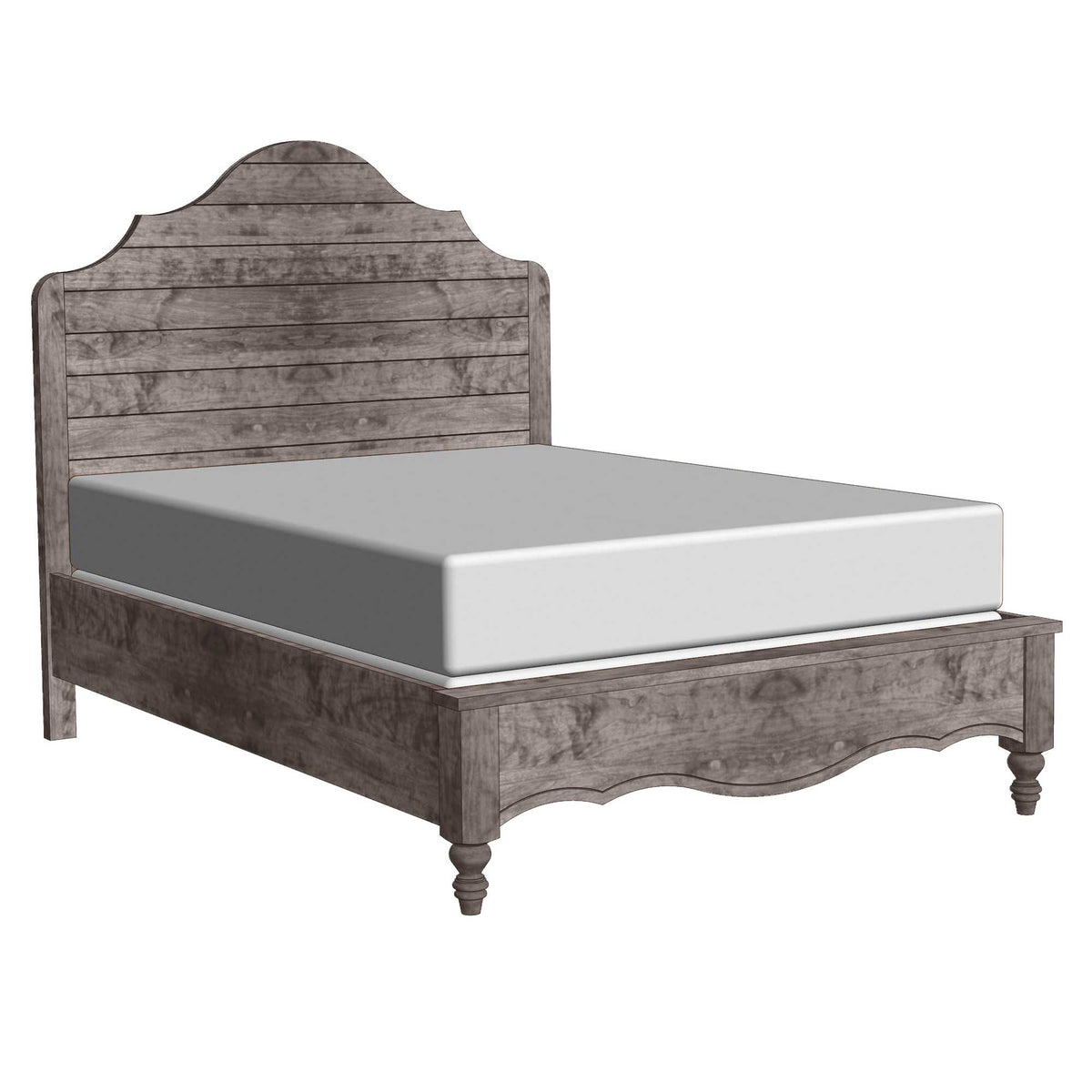 Weathered gray plank panel bed with arched headboard, scalloped footboard rail and turned front feet