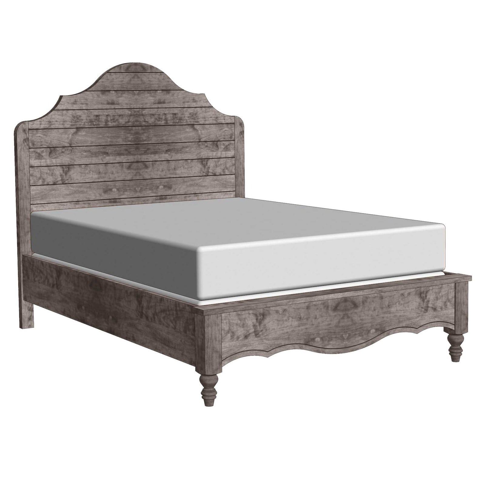 Weathered gray plank panel bed with arched headboard, scalloped footboard rail and turned front feet