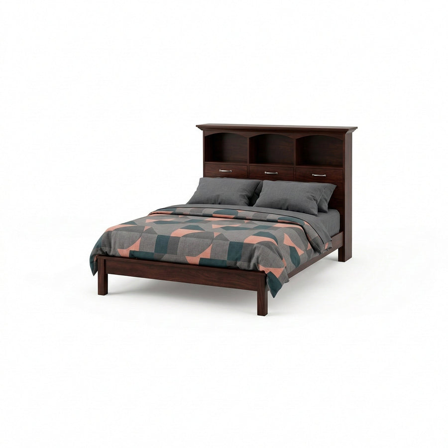 Bookcase headboard bed in dark espresso with three arched cubbies, three small drawers and a plain footboard rail