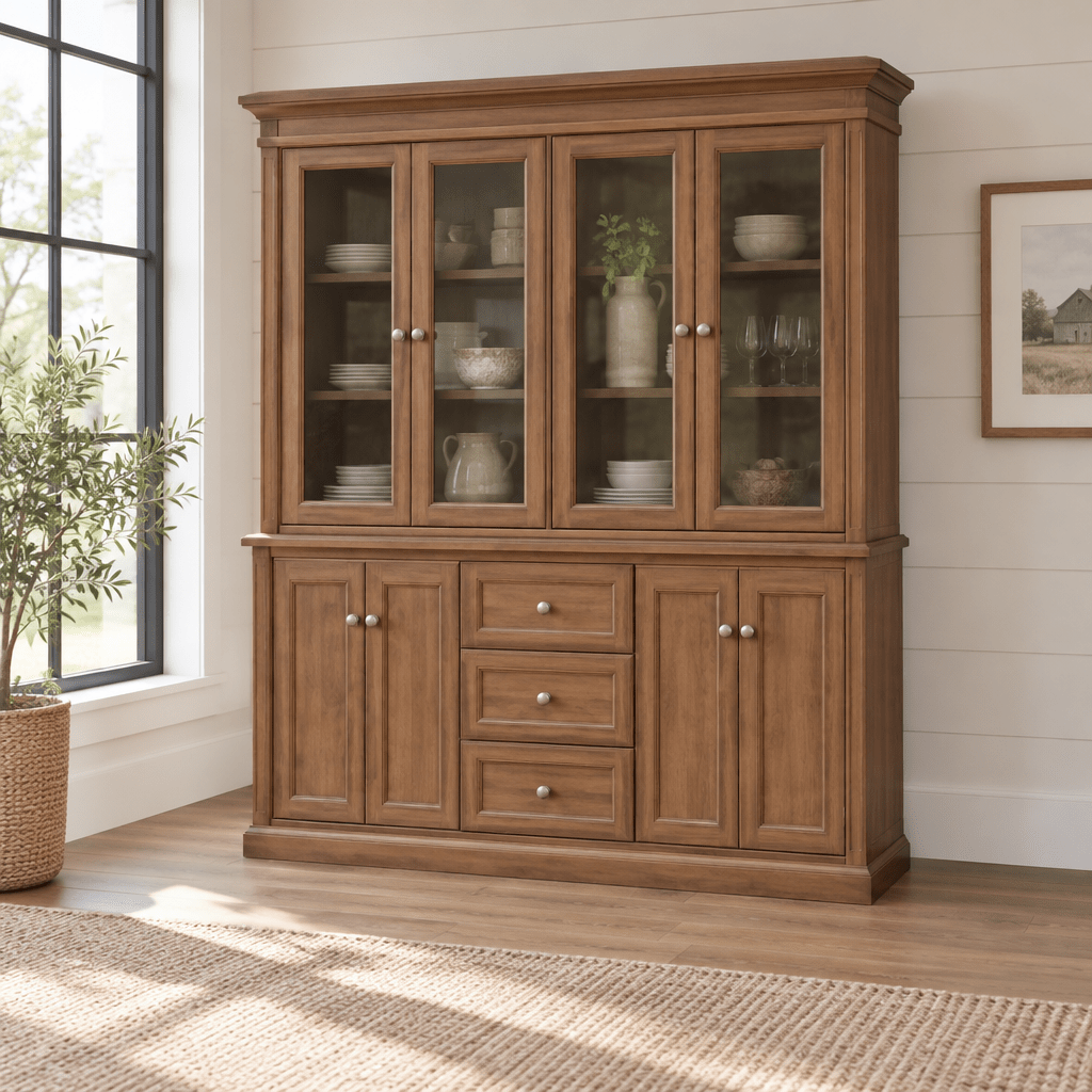 Amish Solid Wood Maple Bluff Hutch shown in the dining room of a modern farmhouse home