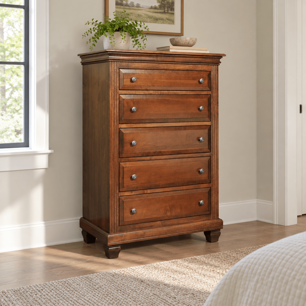 Amish Solid Wood Palatine Tall Chest shown in the bedroom of a transitional home