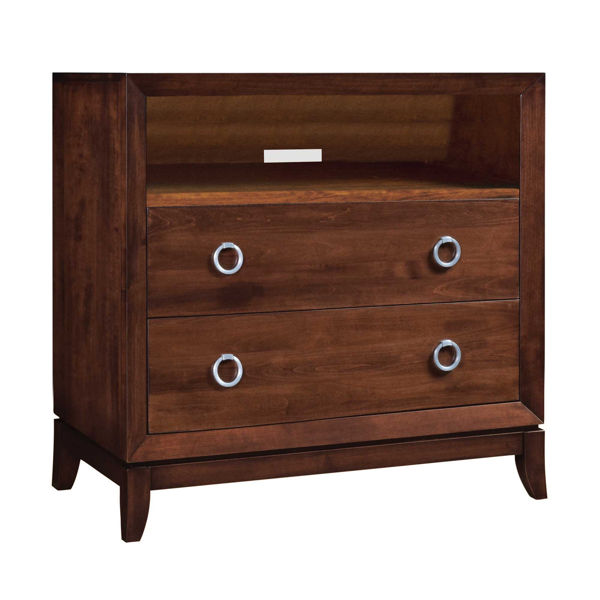 Park Ave media chest with an open component shelf above two ring-pull drawers in a warm cherry finish with flared legs
