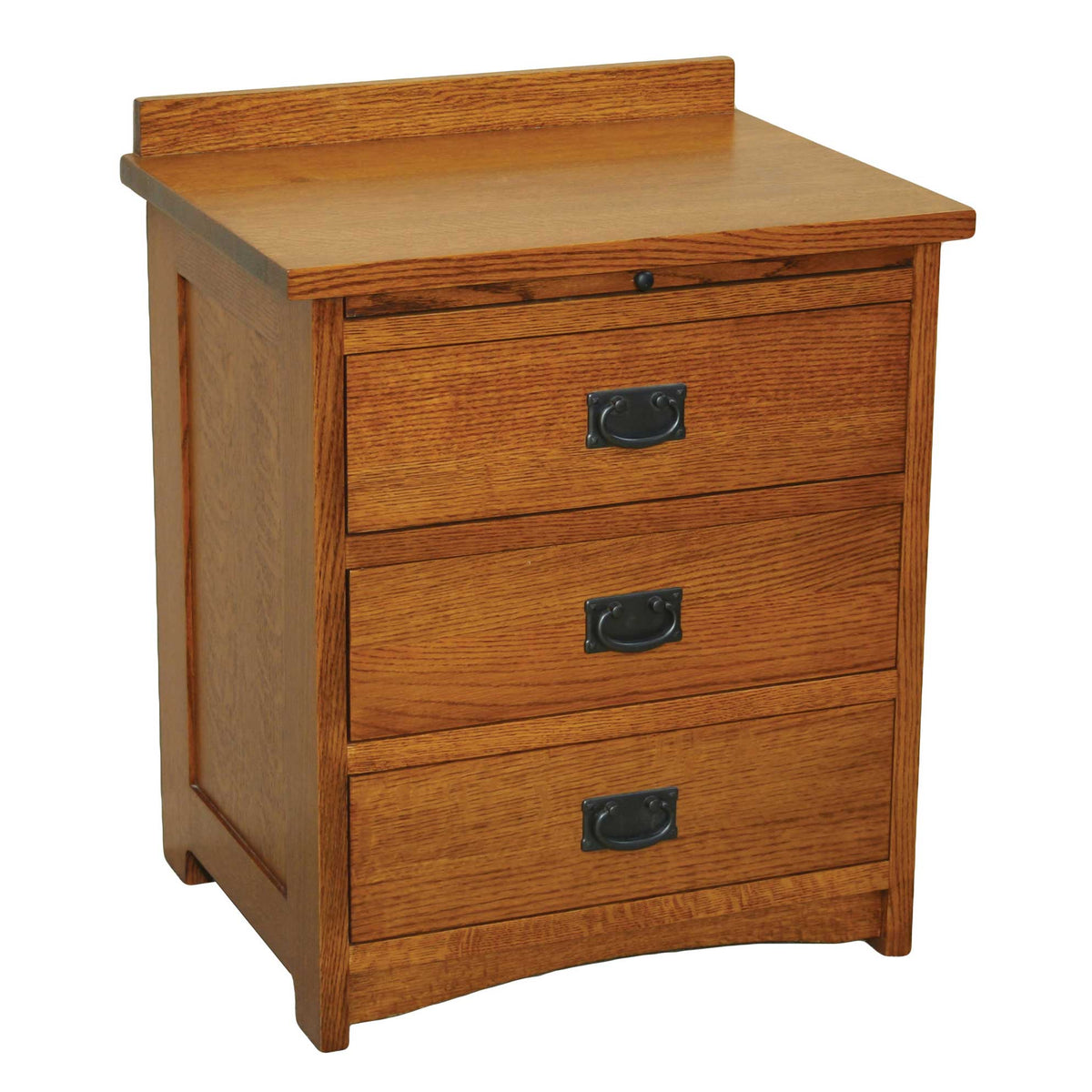 Three-drawer Mission nightstand in oak with black hammered bail pulls, a pullout tray above and gently arched apron