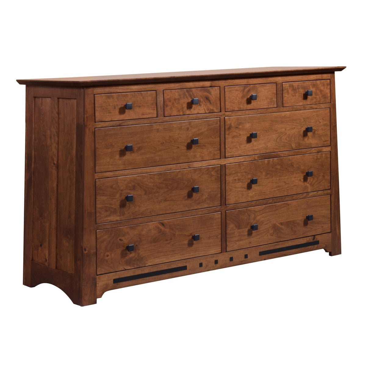 Van Nuys ten-drawer dresser in rustic alder with four small top drawers, square black knobs and an inlaid base stripe