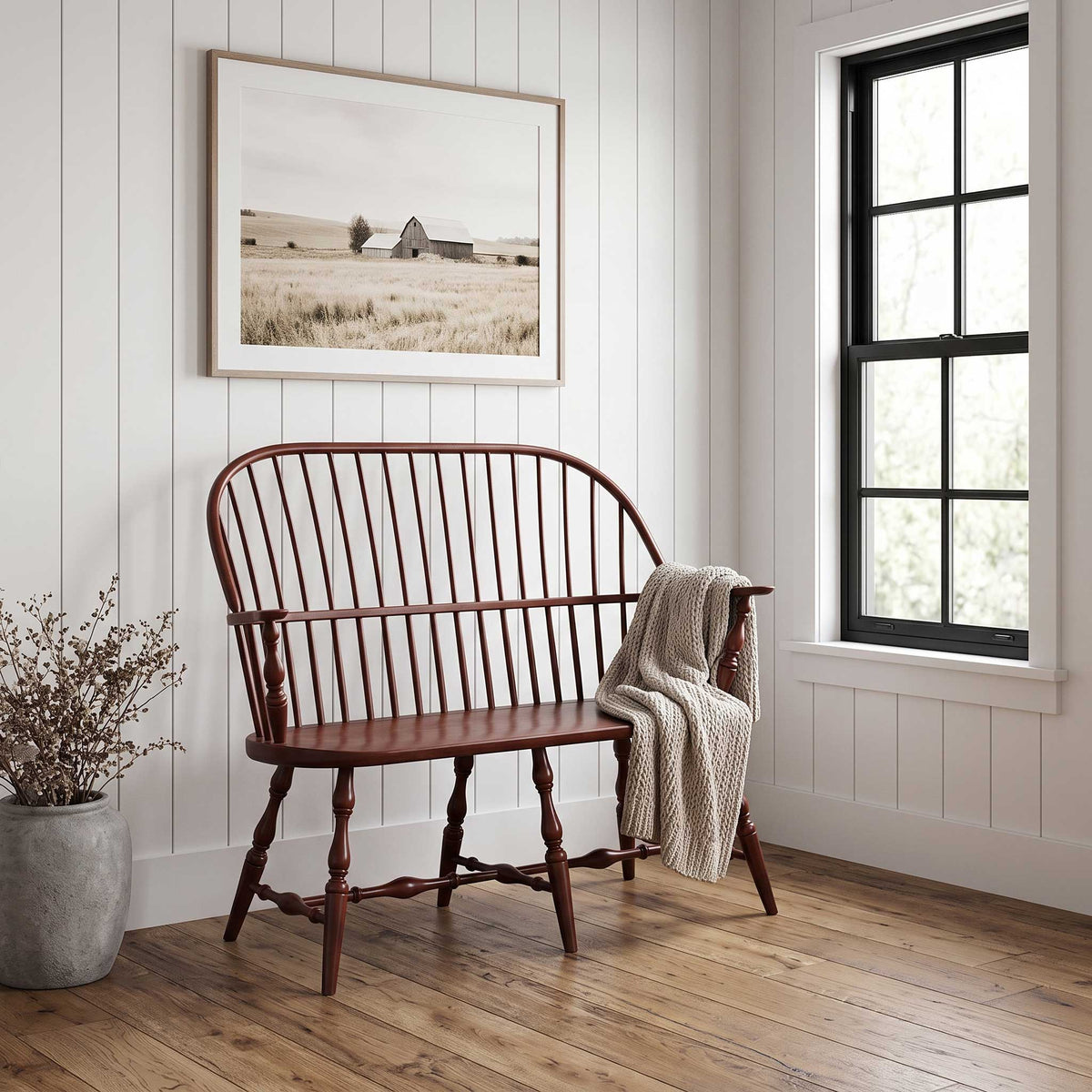 Amish Classic Windsor Solid Wood Spindle Bench with Arms