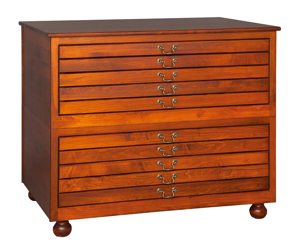 Two stacked cherry flat file units with ten shallow drawers, brass bail pulls and turned bun feet